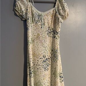 Monrow Cream Floral Midi Dress with Puff Sleeves